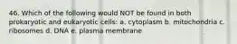 46. Which of the following would NOT be found in both prokaryotic and eukaryotic cells: a. cytoplasm b. mitochondria c. ribosomes d. DNA e. plasma membrane