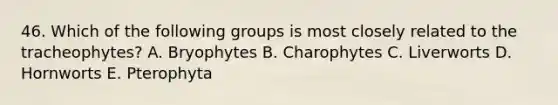 46. Which of the following groups is most closely related to the tracheophytes? A. Bryophytes B. Charophytes C. Liverworts D. Hornworts E. Pterophyta