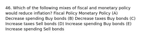 46. Which of the following mixes of fiscal and <a href='https://www.questionai.com/knowledge/kEE0G7Llsx-monetary-policy' class='anchor-knowledge'>monetary policy</a> would reduce inflation? <a href='https://www.questionai.com/knowledge/kPTgdbKdvz-fiscal-policy' class='anchor-knowledge'>fiscal policy</a> Monetary Policy (A) Decrease spending Buy bonds (B) Decrease taxes Buy bonds (C) Increase taxes Sell bonds (D) Increase spending Buy bonds (E) Increase spending Sell bonds