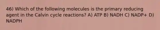 46) Which of the following molecules is the primary reducing agent in the Calvin cycle reactions? A) ATP B) NADH C) NADP+ D) NADPH