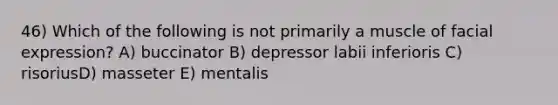 46) Which of the following is not primarily a muscle of facial expression? A) buccinator B) depressor labii inferioris C) risoriusD) masseter E) mentalis