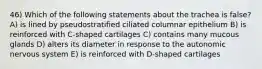 46) Which of the following statements about the trachea is false? A) is lined by pseudostratified ciliated columnar epithelium B) is reinforced with C-shaped cartilages C) contains many mucous glands D) alters its diameter in response to the autonomic nervous system E) is reinforced with D-shaped cartilages