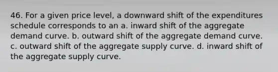 46. For a given price level, a downward shift of the expenditures schedule corresponds to an a. inward shift of the aggregate demand curve. b. outward shift of the aggregate demand curve. c. outward shift of the aggregate supply curve. d. inward shift of the aggregate supply curve.