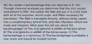 46) You isolate a bacteriophage that can replicate in E. coli. Through chemical analyses you determine that the only nucleic acid present is RNA. You isolate the RNA and put it in a test tube with all of the enzymes, amino acids, and RNAs necessary for translation. The RNA is translated directly, without being copied into a complementary strand first, and new infectious virions are made and released. What does this tell you about the bacteriophage? A) The viral genome is ssRNA of the plus sense. B) The viral genome is ssRNA of the minus sense. C) The bacteriophage is a retrovirus. D) The bacteriophage is probably a new strain and should be studied further.