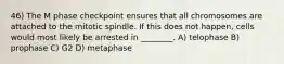 46) The M phase checkpoint ensures that all chromosomes are attached to the mitotic spindle. If this does not happen, cells would most likely be arrested in ________. A) telophase B) prophase C) G2 D) metaphase