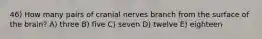 46) How many pairs of cranial nerves branch from the surface of the brain? A) three B) five C) seven D) twelve E) eighteen