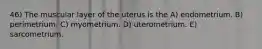 46) The muscular layer of the uterus is the A) endometrium. B) perimetrium. C) myometrium. D) uterometrium. E) sarcometrium.