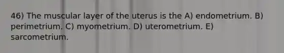 46) The muscular layer of the uterus is the A) endometrium. B) perimetrium. C) myometrium. D) uterometrium. E) sarcometrium.