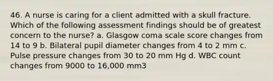 46. A nurse is caring for a client admitted with a skull fracture. Which of the following assessment findings should be of greatest concern to the nurse? a. Glasgow coma scale score changes from 14 to 9 b. Bilateral pupil diameter changes from 4 to 2 mm c. Pulse pressure changes from 30 to 20 mm Hg d. WBC count changes from 9000 to 16,000 mm3