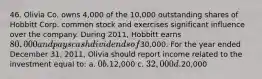 46. Olivia Co. owns 4,000 of the 10,000 outstanding shares of Hobbitt Corp. common stock and exercises significant influence over the company. During 2011, Hobbitt earns 80,000 and pays cash dividends of30,000. For the year ended December 31, 2011, Olivia should report income related to the investment equal to: a. 0 b.12,000 c. 32,000 d.20,000