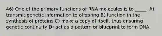 46) One of the primary functions of RNA molecules is to _____. A) transmit genetic information to offspring B) function in the synthesis of proteins C) make a copy of itself, thus ensuring genetic continuity D) act as a pattern or blueprint to form DNA