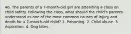 46. The parents of a 7-month-old girl are attending a class on child safety. Following the class, what should the child's parents understand as one of the most common causes of injury and death for a 7-month-old child? 1. Poisoning. 2. Child abuse. 3. Aspiration. 4. Dog bites.