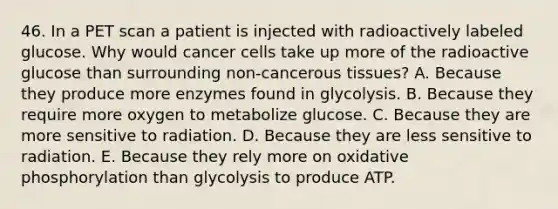 46. In a PET scan a patient is injected with radioactively labeled glucose. Why would cancer cells take up more of the radioactive glucose than surrounding non-cancerous tissues? A. Because they produce more enzymes found in glycolysis. B. Because they require more oxygen to metabolize glucose. C. Because they are more sensitive to radiation. D. Because they are less sensitive to radiation. E. Because they rely more on <a href='https://www.questionai.com/knowledge/kFazUb9IwO-oxidative-phosphorylation' class='anchor-knowledge'>oxidative phosphorylation</a> than glycolysis to produce ATP.