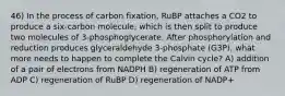 46) In the process of carbon fixation, RuBP attaches a CO2 to produce a six-carbon molecule, which is then split to produce two molecules of 3-phosphoglycerate. After phosphorylation and reduction produces glyceraldehyde 3-phosphate (G3P), what more needs to happen to complete the Calvin cycle? A) addition of a pair of electrons from NADPH B) regeneration of ATP from ADP C) regeneration of RuBP D) regeneration of NADP+