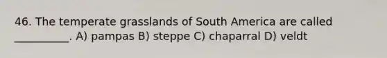 46. The temperate grasslands of South America are called __________. A) pampas B) steppe C) chaparral D) veldt