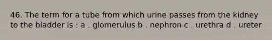 46. The term for a tube from which urine passes from the kidney to the bladder is : a . glomerulus b . nephron c . urethra d . ureter