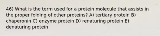 46) What is the term used for a protein molecule that assists in the proper folding of other proteins? A) tertiary protein B) chaperonin C) enzyme protein D) renaturing protein E) denaturing protein