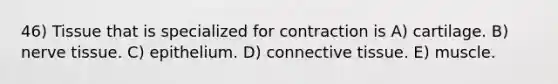 46) Tissue that is specialized for contraction is A) cartilage. B) nerve tissue. C) epithelium. D) connective tissue. E) muscle.