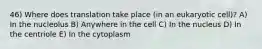 46) Where does translation take place (in an eukaryotic cell)? A) In the nucleolus B) Anywhere in the cell C) In the nucleus D) In the centriole E) In the cytoplasm