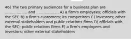 46) The two primary audiences for a business plan are ................... and ................... A) a firm's employees; officials with the SEC B) a firm's customers; its competitors C) investors; other external stakeholders and public relations firms D) officials with the SEC; public relations firms E) a firm's employees and investors; other external stakeholders