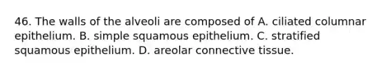 46. The walls of the alveoli are composed of A. ciliated columnar epithelium. B. simple squamous epithelium. C. stratified squamous epithelium. D. areolar connective tissue.