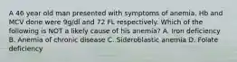 A 46 year old man presented with symptoms of anemia. Hb and MCV done were 9g/dl and 72 FL respectively. Which of the following is NOT a likely cause of his anemia? A. Iron deficiency B. Anemia of chronic disease C. Sideroblastic anemia D. Folate deficiency