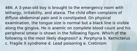 466. A 3-year-old boy is brought to the emergency room with lethargy, irritability, and ataxia. The child often complains of diffuse abdominal pain and is constipated. On physical examination, the tongue size is normal but a black line is visible along the gingiva. He is anemic on complete blood count and his peripheral smear is shown in the following figure. Which of the following is the most likely diagnosis? a. Porphyria b. Kernicterus c. Fragile X syndrome d. Lead poisoning e. Cretinism