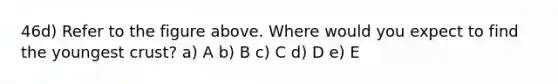 46d) Refer to the figure above. Where would you expect to find the youngest crust? a) A b) B c) C d) D e) E