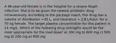 A 46-year-old female is in the hospital for a severe Staph infection. She is to be given the newest antibiotic drug intravenously. According to the package insert, this drug has a volume of distribution =35 L, and clearance = 2.8 L/hour, for a 70 kg female. The target plasma concentration for this patient is 14 mg/L. Which of the following drug strengths would be the most appropriate for the load dose? a) 300 mg b) 600 mg c) 500 mg d) 200 mg e) 800 mg