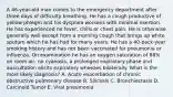 A 46-year-old man comes to the emergency department after three days of difficulty breathing. He has a cough productive of yellow phlegm and his dyspnea worsens with minimal exertion. He has experienced no fever, chills or chest pain. He is otherwise generally well except from a morning cough that brings up white sputum which he has had for many years. He has a 40-pack-year smoking history and has not been vaccinated for pneumonia or influenza. On examination he has an oxygen saturation of 88% on room air, no cyanosis, a prolonged expiratory phase and auscultation elicits expiratory wheezes bilaterally. What is the most likely diagnosis? A. Acute exacerbation of chronic obstructive pulmonary disease B. Silicosis C. Bronchiectasis D. Carcinoid Tumor E. Viral pneumonia