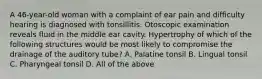 A 46-year-old woman with a complaint of ear pain and difficulty hearing is diagnosed with tonsillitis. Otoscopic examination reveals fluid in the middle ear cavity. Hypertrophy of which of the following structures would be most likely to compromise the drainage of the auditory tube? A. Palatine tonsil B. Lingual tonsil C. Pharyngeal tonsil D. All of the above