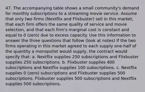 47. The accompanying table shows a small community's demand for monthly subscriptions to a streaming movie service. Assume that only two firms (Nextflix and Flixbuster) sell in this market, that each firm offers the same quality of service and movie selection, and that each firm's marginal cost is constant and equal to 0 (zero) due to excess capacity. Use this information to answer the three questions that follow (look at notes) If the two firms operating in this market agreed to each supply one-half of the quantity a monopolist would supply, the contract would specify that: a. Nextflix supplies 250 subscriptions and Flixbuster supplies 250 subscriptions. b. Flixbuster supplies 400 subscriptions and Nextflix supplies 100 subscriptions. c. Nextflix supplies 0 (zero) subscriptions and Flixbuster supplies 500 subscriptions. Flixbuster supplies 500 subscriptions and Nextflix supplies 500 subscriptions.