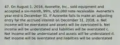 47. On August 1, 2018, Avonette, Inc., sold equipment and accepted a six-month, 99%, 50,000 note receivable. Avonette's year-end is December 31. If Avonette fails to make an adjusting entry for the accrued interest on December 31, 2018, a. Net income will be overstated and assets will be overstated b. Net income will be understated and liabilities will be overstated c. Net income will be understated and assets will be understated d. Net income will be overstated and liabilities will be understated