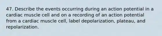 47. Describe the events occurring during an action potential in a cardiac muscle cell and on a recording of an action potential from a cardiac muscle cell, label depolarization, plateau, and repolarization.