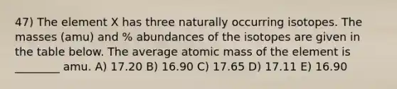 47) The element X has three naturally occurring isotopes. The masses (amu) and % abundances of the isotopes are given in the table below. The average atomic mass of the element is ________ amu. A) 17.20 B) 16.90 C) 17.65 D) 17.11 E) 16.90