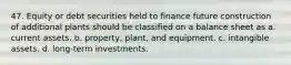 47. Equity or debt securities held to finance future construction of additional plants should be classified on a balance sheet as a. current assets. b. property, plant, and equipment. c. intangible assets. d. long-term investments.