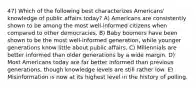 47) Which of the following best characterizes Americans' knowledge of public affairs today? A) Americans are consistently shown to be among the most well-informed citizens when compared to other democracies. B) Baby boomers have been shown to be the most well-informed generation, while younger generations know little about public affairs. C) Millennials are better informed than older generations by a wide margin. D) Most Americans today are far better informed than previous generations, though knowledge levels are still rather low. E) Misinformation is now at its highest level in the history of polling.