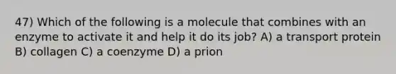 47) Which of the following is a molecule that combines with an enzyme to activate it and help it do its job? A) a transport protein B) collagen C) a coenzyme D) a prion