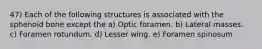 47) Each of the following structures is associated with the sphenoid bone except the a) Optic foramen. b) Lateral masses. c) Foramen rotundum. d) Lesser wing. e) Foramen spinosum
