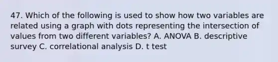 47. Which of the following is used to show how two variables are related using a graph with dots representing the intersection of values from two different variables? A. ANOVA B. descriptive survey C. correlational analysis D. t test