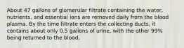 About 47 gallons of glomerular filtrate containing the water, nutrients, and essential ions are removed daily from the blood plasma. By the time filtrate enters the collecting ducts, it contains about only 0.5 gallons of urine, with the other 99% being returned to the blood.