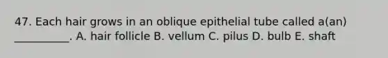 47. Each hair grows in an oblique epithelial tube called a(an) __________. A. hair follicle B. vellum C. pilus D. bulb E. shaft