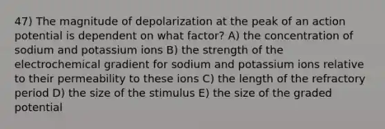 47) The magnitude of depolarization at the peak of an action potential is dependent on what factor? A) the concentration of sodium and potassium ions B) the strength of the electrochemical gradient for sodium and potassium ions relative to their permeability to these ions C) the length of the refractory period D) the size of the stimulus E) the size of the graded potential