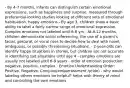 - By 4-7 months, infants can distinguish certain emotional expressions, such as happiness and surprise. measured through preferential-looking studies looking at different sets of emotional habituation, happy emotions - By age 3, children show a basic ability to label a fairly narrow range of emotional expression. Complex emotions not labeled until 6-8 yrs - At 8-12 months, children demonstrate social referencing, the use of a parent's facial, gestural, or vocal cues to decide how to deal with novel, ambiguous, or possibly threatening situations. - 2-year-olds can identify happy situations in stories, but children are not accurate in identifying sad situations until age 4 - complex emotions are usually not labeled until 6-8 years - order of emotion production: negative, positive, complex - Emotion Understanding Order: Positive, Negative, Complex(embarrassment /pride) - why would labeling others emotions be helpful? helps with theory of mind and controlling the own emotions