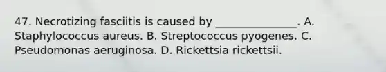 47. Necrotizing fasciitis is caused by _______________. A. Staphylococcus aureus. B. Streptococcus pyogenes. C. Pseudomonas aeruginosa. D. Rickettsia rickettsii.