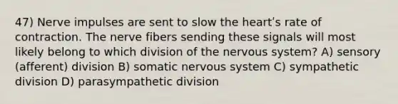 47) Nerve impulses are sent to slow the heartʹs rate of contraction. The nerve fibers sending these signals will most likely belong to which division of the nervous system? A) sensory (afferent) division B) somatic nervous system C) sympathetic division D) parasympathetic division