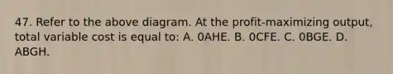 47. Refer to the above diagram. At the profit-maximizing output, total variable cost is equal to: A. 0AHE. B. 0CFE. C. 0BGE. D. ABGH.