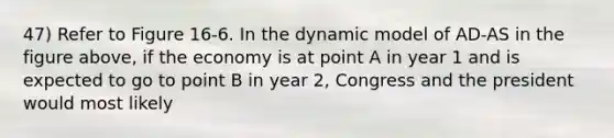 47) Refer to Figure 16-6. In the dynamic model of AD-AS in the figure above, if the economy is at point A in year 1 and is expected to go to point B in year 2, Congress and the president would most likely