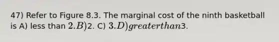 47) Refer to Figure 8.3. The marginal cost of the ninth basketball is A) less than 2. B)2. C) 3. D) greater than3.