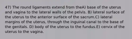 47) The round ligaments extend from theA) base of the uterus and vagina to the lateral walls of the pelvis. B) lateral surface of the uterus to the anterior surface of the sacrum.C) lateral margins of the uterus, through the inguinal canal to the base of the genitals. D) body of the uterus to the fundus.E) cervix of the uterus to the vagina.